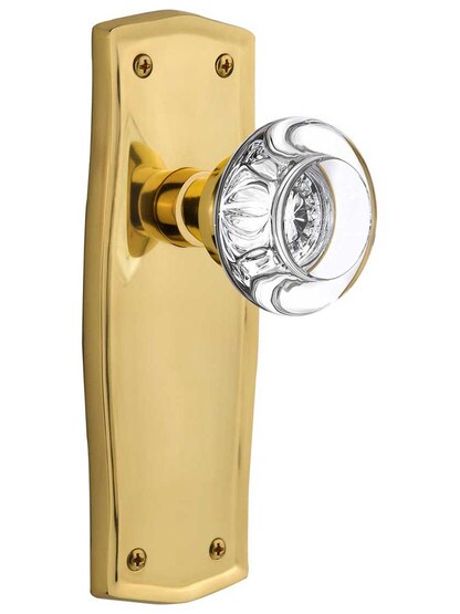 Prairie Door Set with Round Crystal Glass Knobs - No Keyhole in Polished Brass .